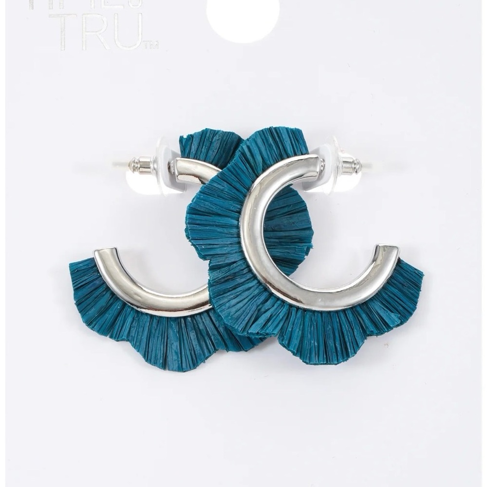 NEW Time and Tru Woven Raffia and Silvertone Hoop Earrings in Teal